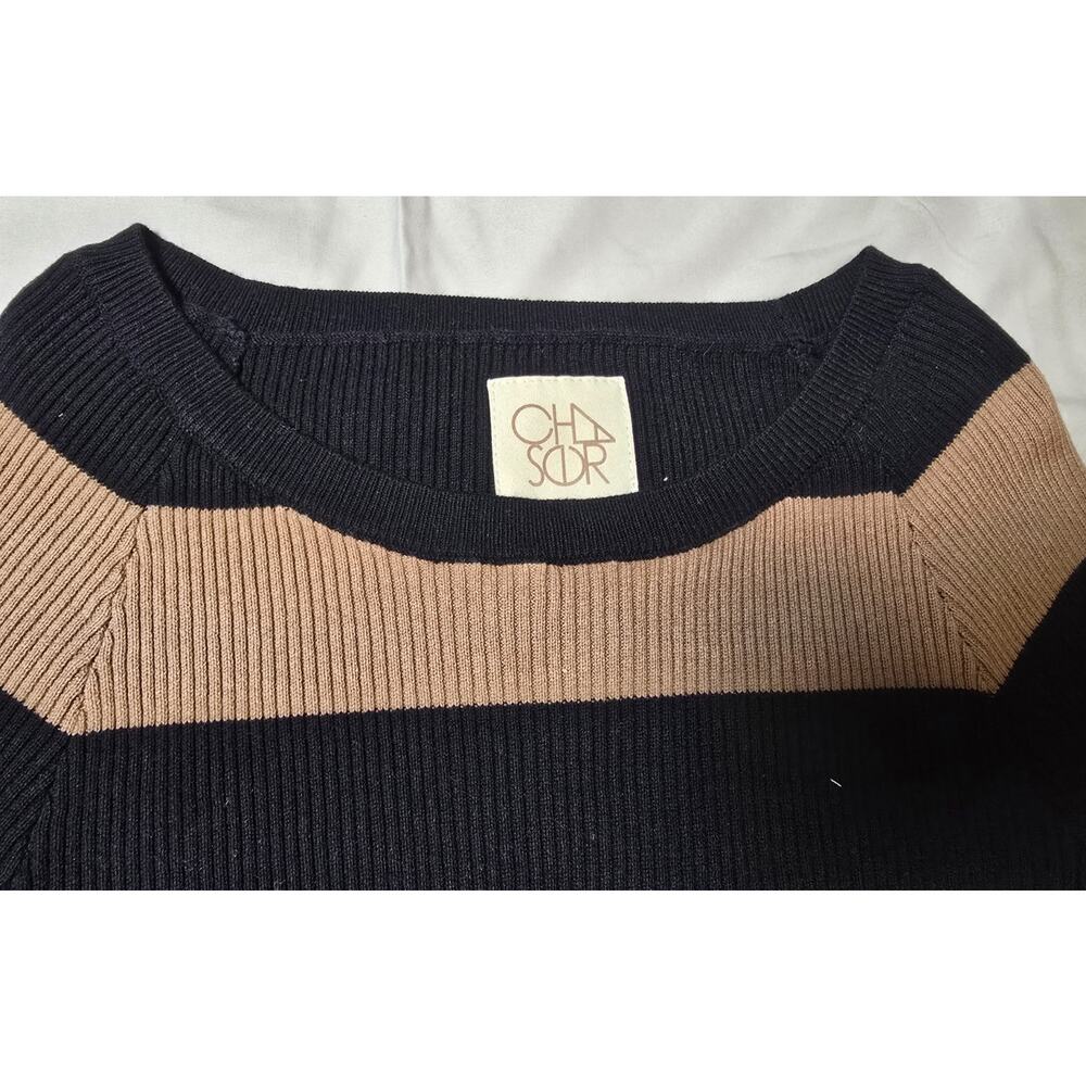 Chaser Rib Knit Stripe Sweater Small Black Terra Boat Neck 100% Cotton NWT - Picture 5 of 8